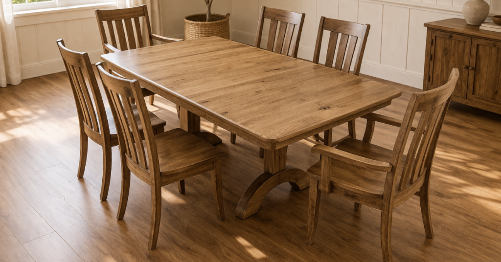Amish solid wood dining table with six chairs including arm chairs at ends in a bright dining room