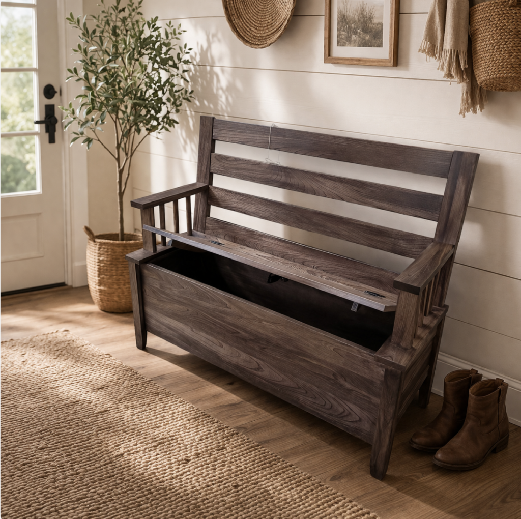 Amish wooden storage bench with open lid showing interior storage compartment
