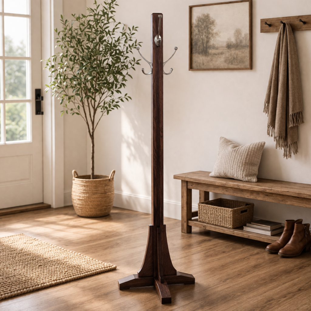 Solid wood Amish coat rack in a bright farmhouse entryway with natural light