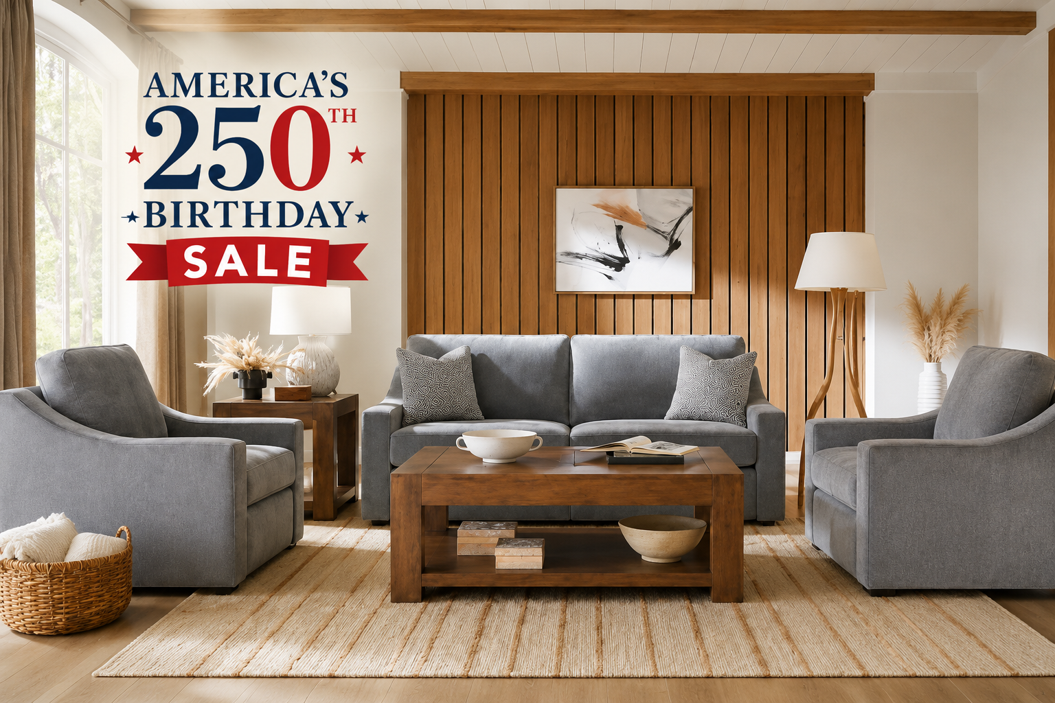 Living room furniture display with America’s 250th Birthday Sale graphic for Meyers Furniture in Mendota