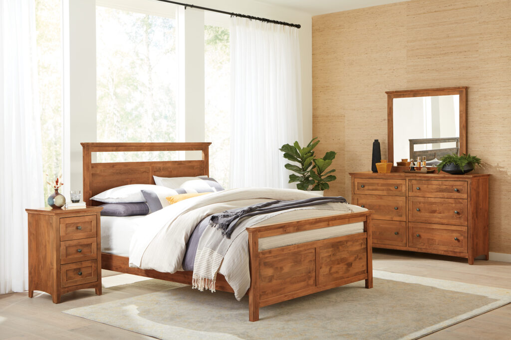 Archbold Emmerson solid wood bedroom set featuring a platform bed, dresser, mirror, and matching nightstand.