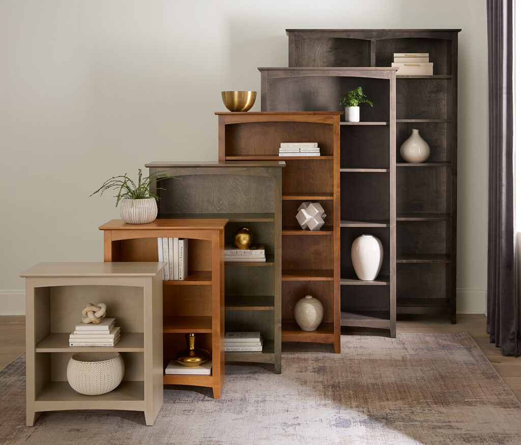 Archbold Gallery solid wood bookcase styled with books, décor, and plants in a contemporary living space.