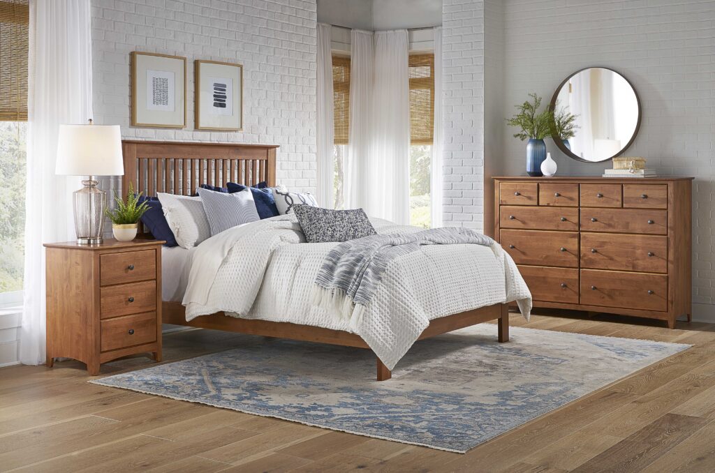 Archbold Shaker solid wood bedroom set with natural wood finish, dresser, mirror, nightstand, and platform bed.