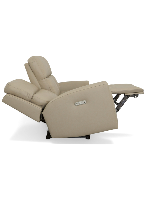 Flexsteel Jarvis Power Reclining Sofa in parchment leather, featuring sleek pad-over arms, decorative cross-stitching, and power headrests.