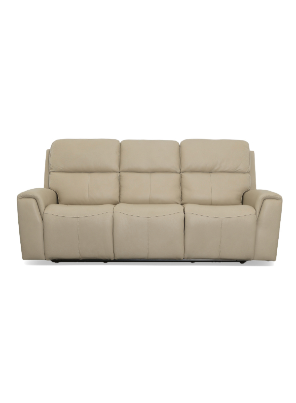 Flexsteel Jarvis Power Reclining Sofa in parchment leather, featuring sleek pad-over arms, decorative cross-stitching, and power headrests.