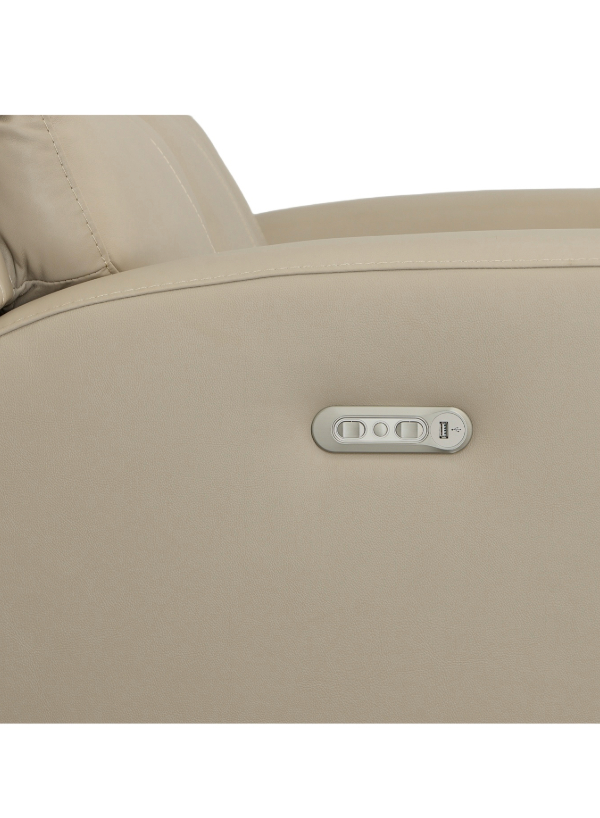 Flexsteel Jarvis Power Reclining Sofa in parchment leather, featuring sleek pad-over arms, decorative cross-stitching, and power headrests.