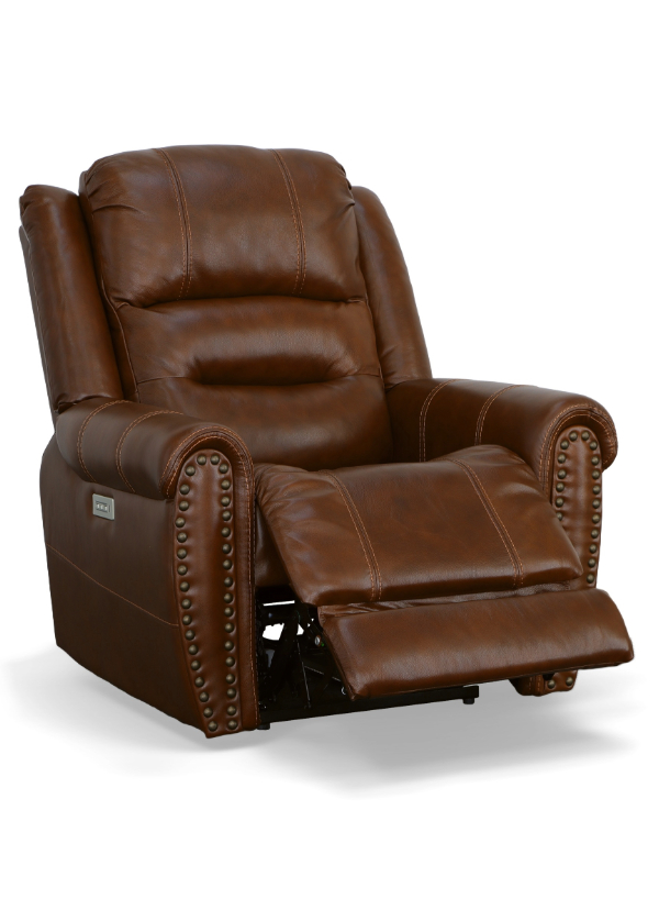 Flexsteel Oscar Power Recliner in grizzly brown leather, featuring nailhead-trimmed rolled arms, plush cushioning, and a power headrest.