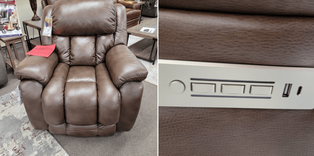 Homestretch zero gravity recliner with power controls, upholstered in soft, durable fabric.
