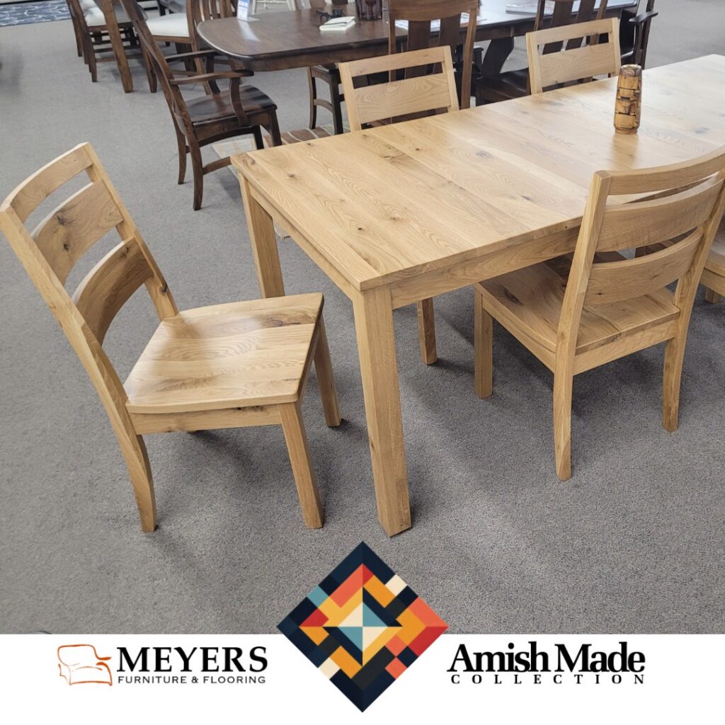 Amish Made light oak dining set with square table and ladder-back chairs.