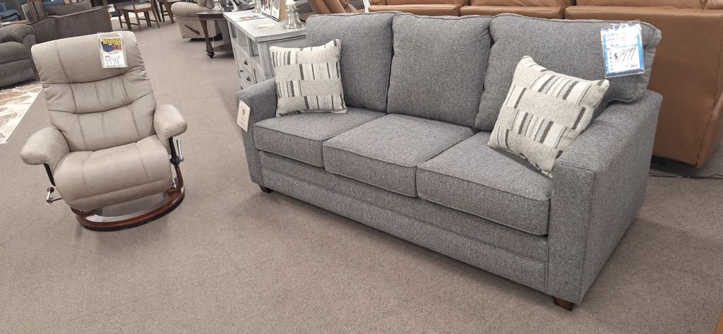 New sofa and recliner displayed on the showroom floor at Meyers Furniture in Mendota Illinois