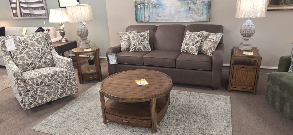 New sofa and loveseat living room set on the showroom floor at Meyers Furniture in Mendota Illinois
