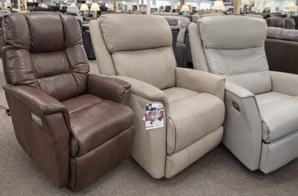 Three HomeStretch power recliners displayed side by side on the showroom floor at Meyers Furniture & Flooring in Mendota, Illinois