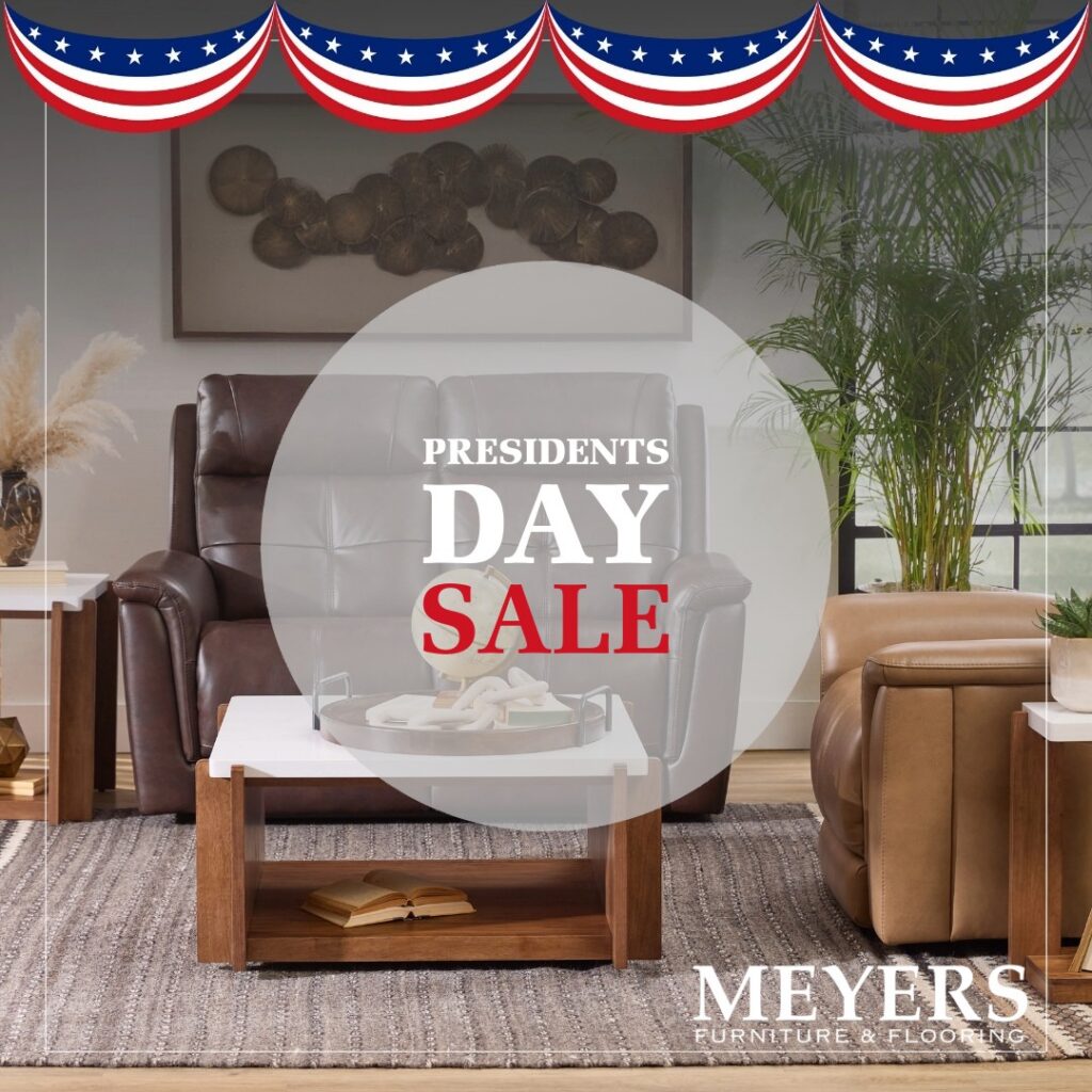 Leather recliners and living room furniture on display during the Presidents Day Sale at Meyers Furniture & Flooring in Mendota IL