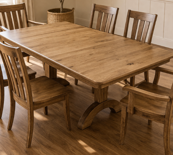 Amish solid wood dining table with six chairs including arm chairs at ends in a bright dining room