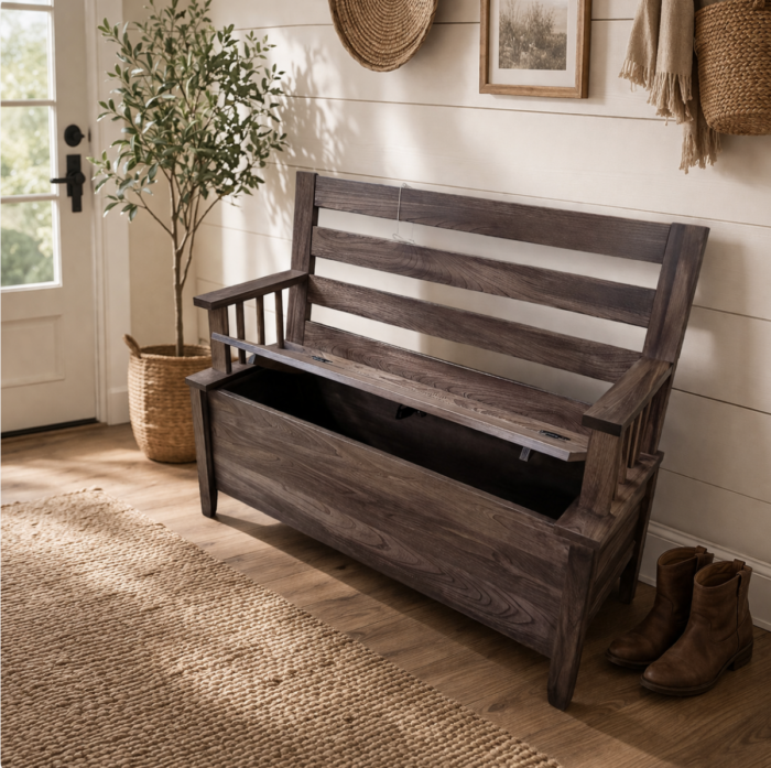 Amish wooden storage bench with open lid showing interior storage compartment
