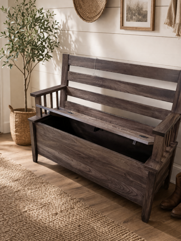Amish wooden storage bench with open lid showing interior storage compartment