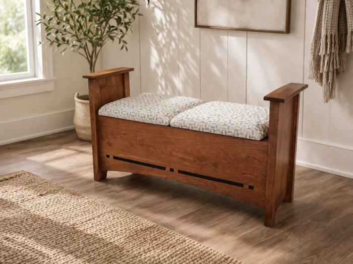 Amish wooden storage bench with upholstered seat cushion in a cozy entryway