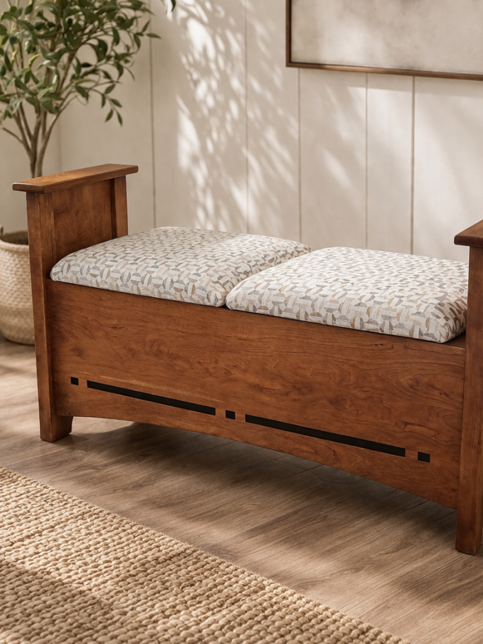 Amish wooden storage bench with upholstered seat cushion in a cozy entryway