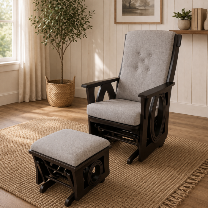 Amish made wooden glider chair with matching footstool in a cozy neutral living space