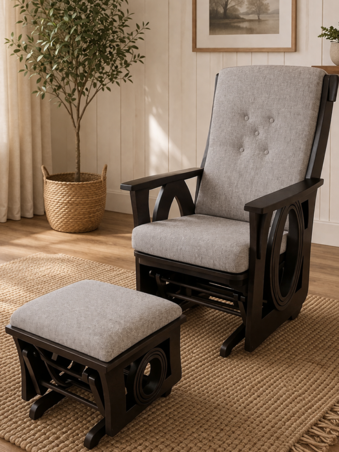 Amish made wooden glider chair with matching footstool in a cozy neutral living space