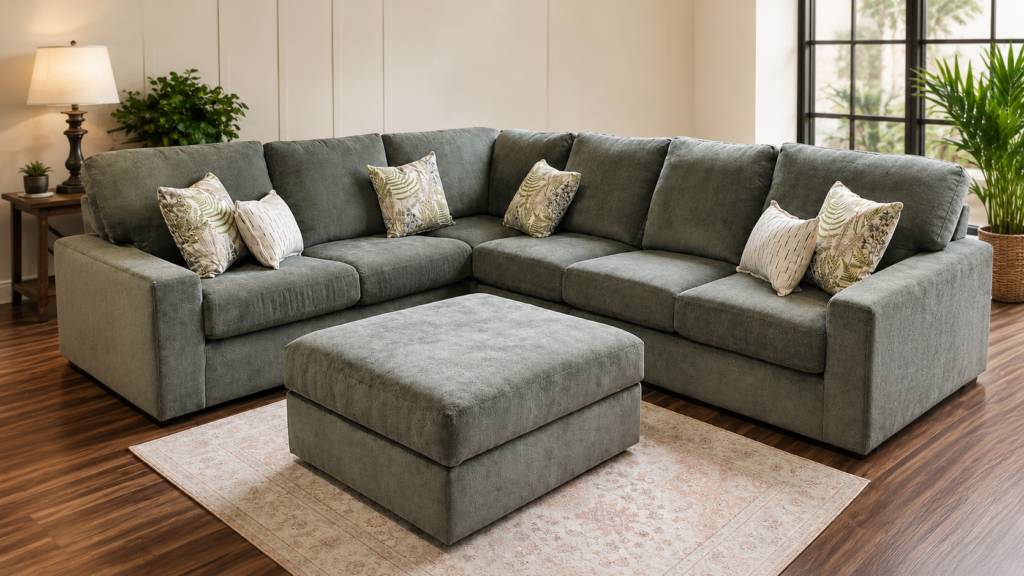 Large gray sectional sofa with ottoman in a cozy living room setting for Meyers Furniture and Flooring Memorial Day Sale