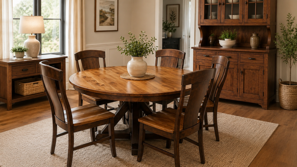 Solid wood round Amish dining table with chairs in a warm dining room setting for Meyers Furniture and Flooring