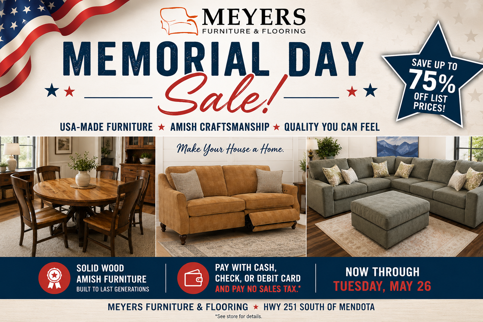 Meyers Furniture and Flooring Memorial Day Sale featuring USA-made furniture, Amish craftsmanship, bedding and home furnishings in Mendota