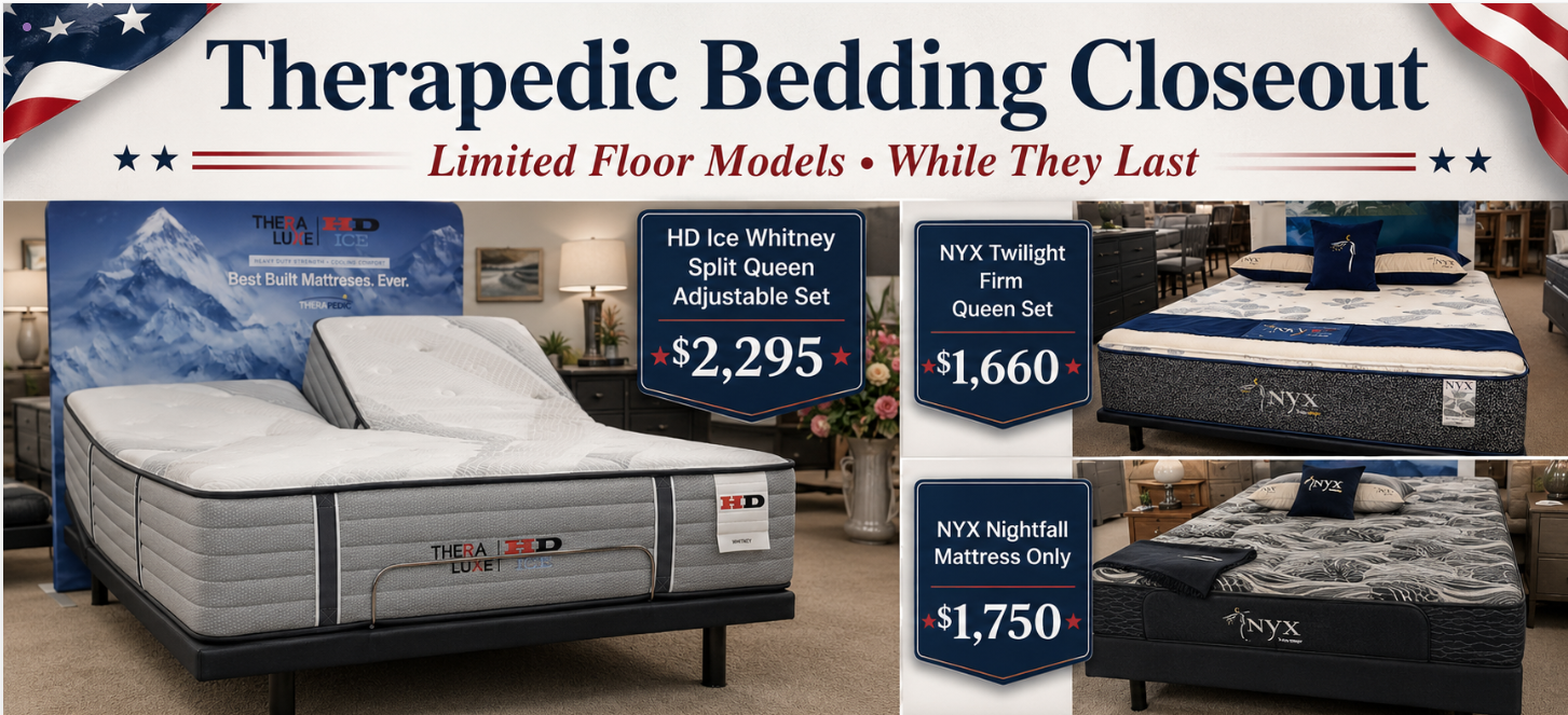 Therapedic bedding closeout sale at Meyers Furniture and Bedding in Mendota featuring floor model mattress deals on HD Ice and NYX beds