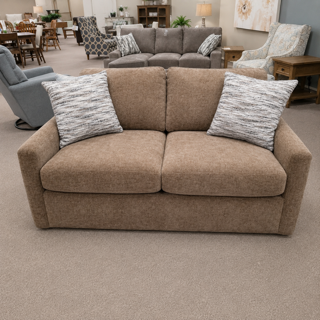 Tan sleeper sofa with two patterned accent pillows on the showroom floor at Meyers Furniture in Mendota.