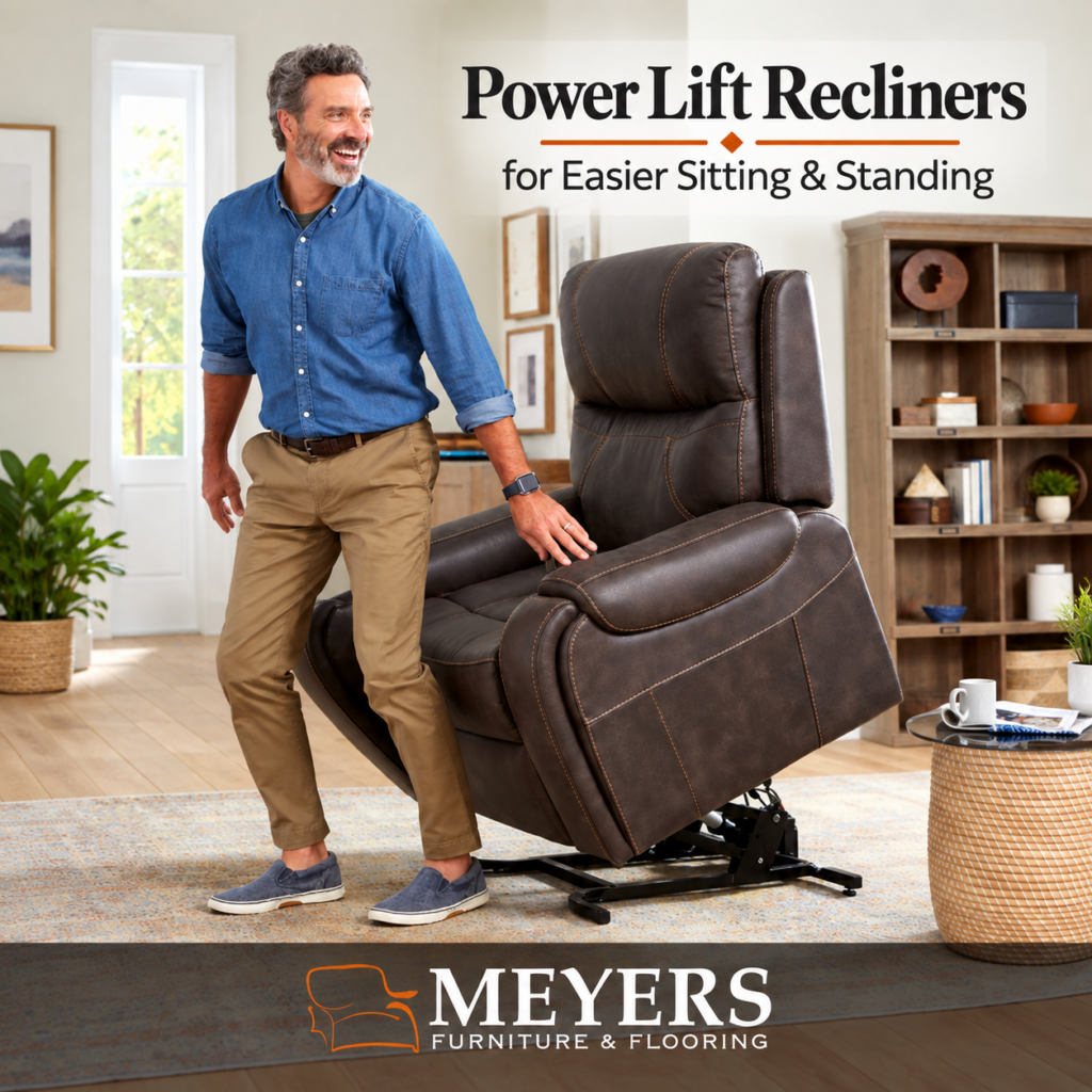 Man standing beside brown power lift recliner at Meyers Furniture in Mendota IL