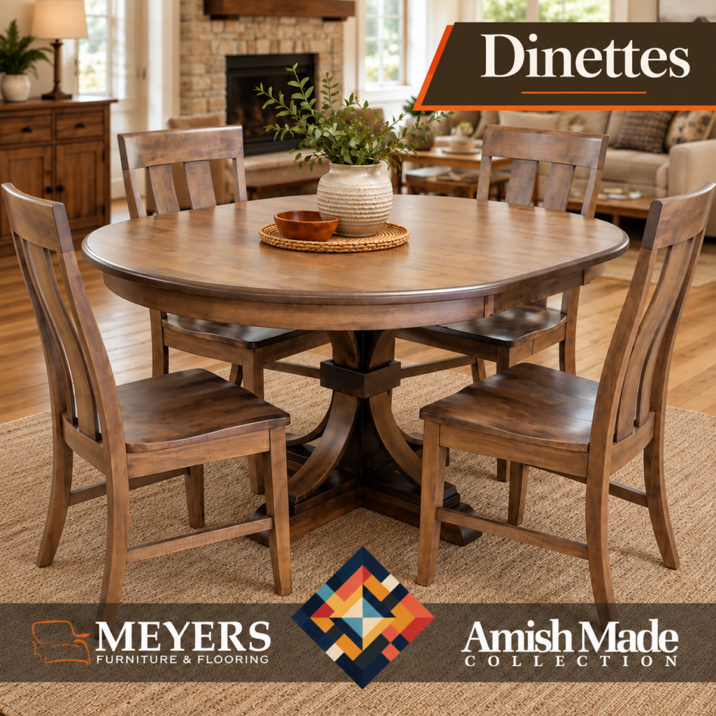 Amish made round dining table and chairs from Meyers Furniture in Mendota