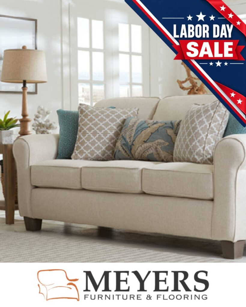 Cream upholstered sofa featured in the Meyers Labor Day Sale