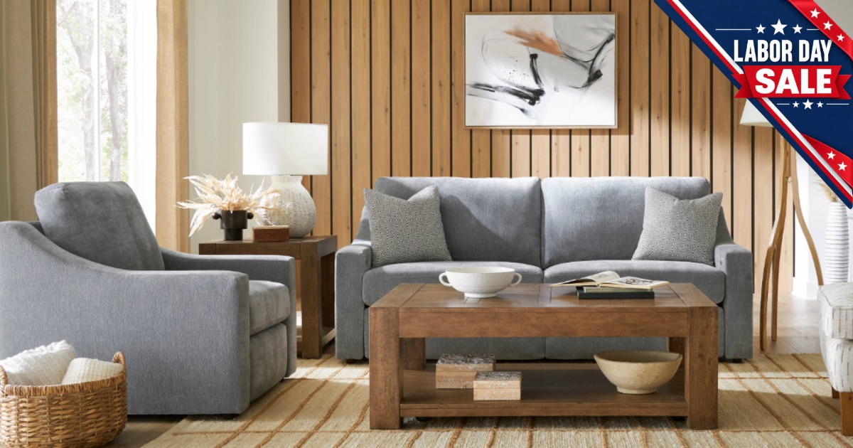 Living room furniture with Labor Day Sale graphic