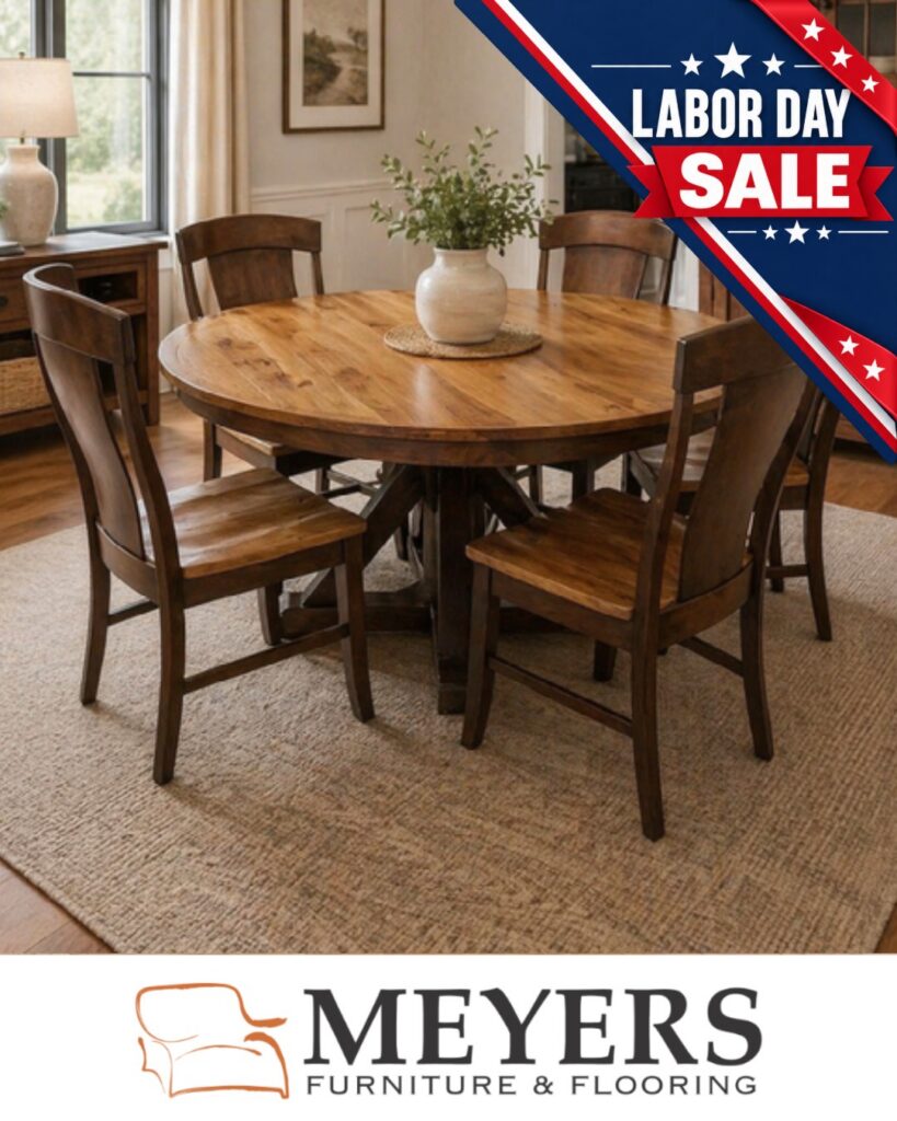 Round solid wood dining table with matching chairs