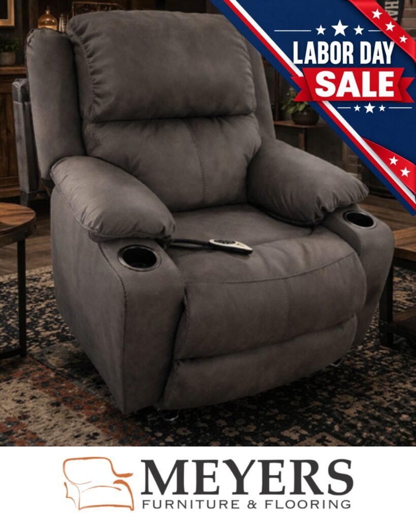 Gray upholstered power recliner with cup holders and remote