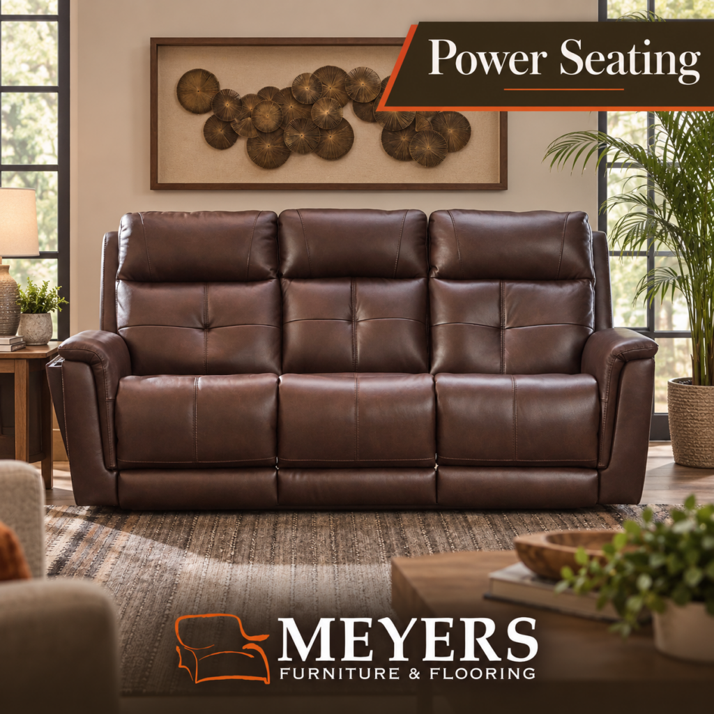 Brown power reclining sofa available at Meyers Furniture in Mendota