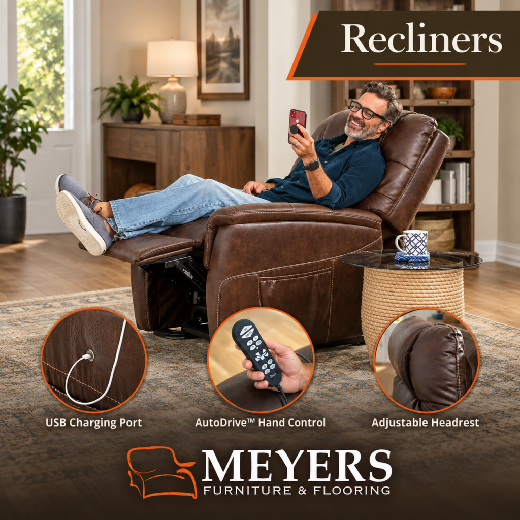 Power recliner with adjustable comfort features and USB charging