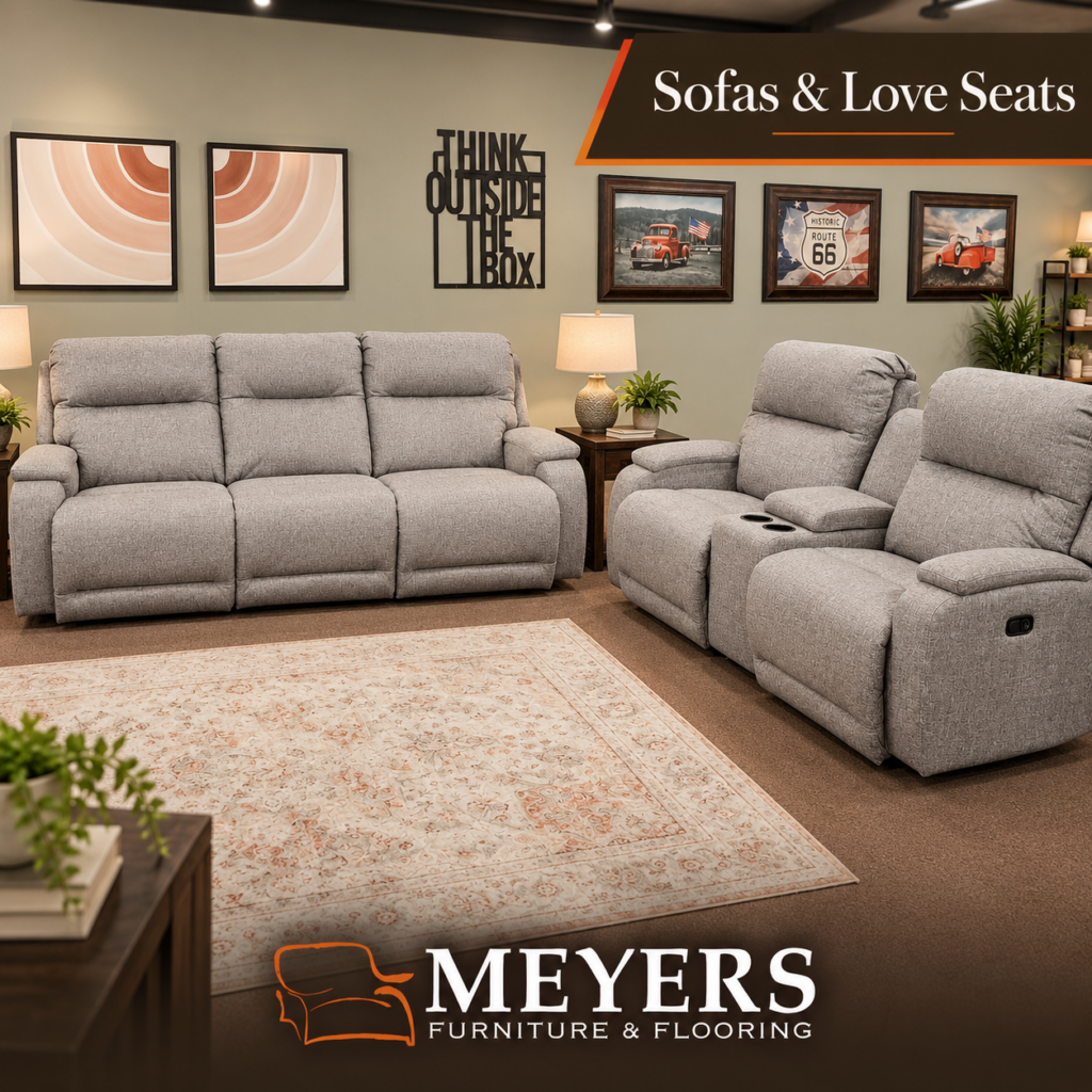 Gray reclining sofa and love seat at Meyers Furniture & Flooring in Mendota