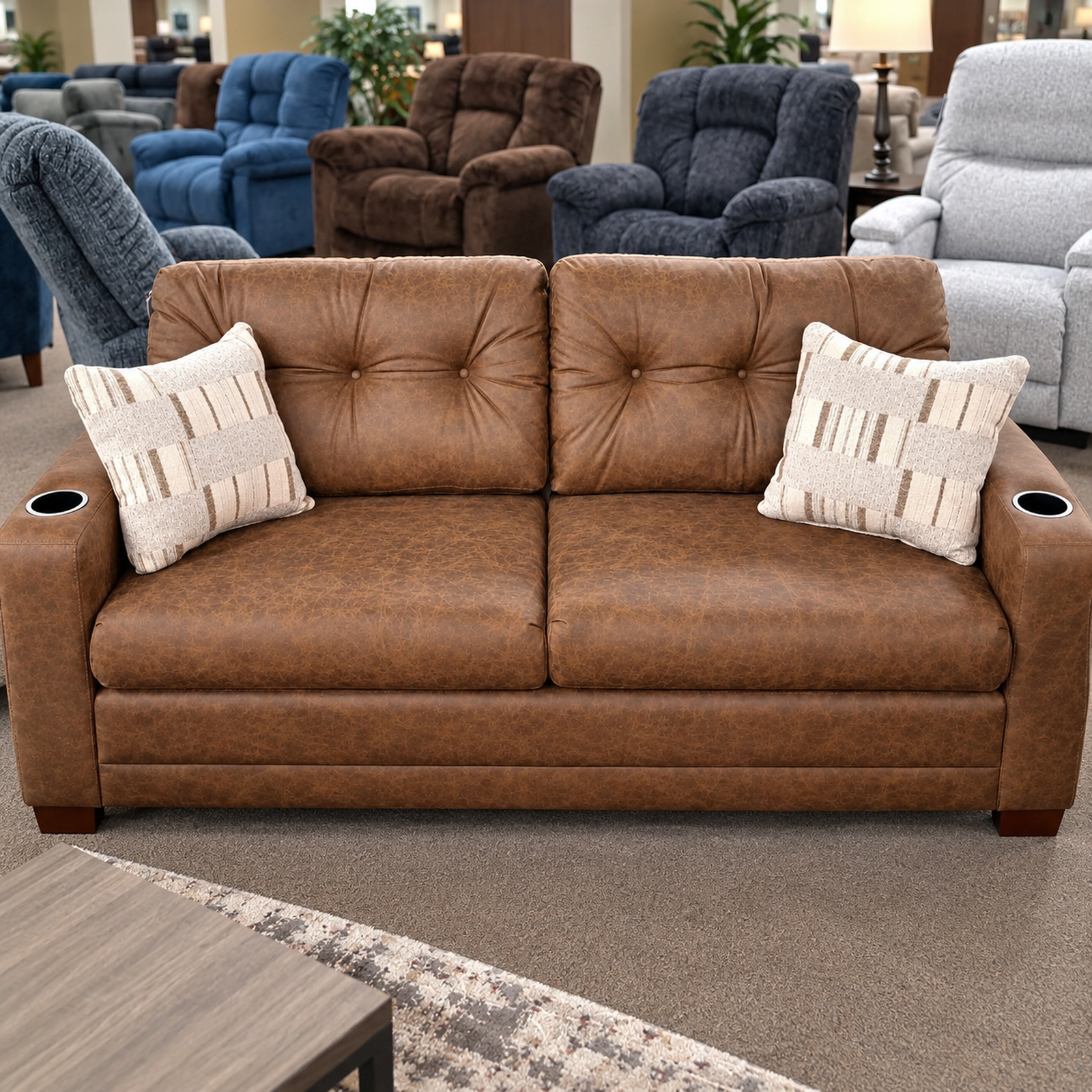 Brown Best Craft sofa with tufted cushions, arm cupholders, and two patterned pillows.