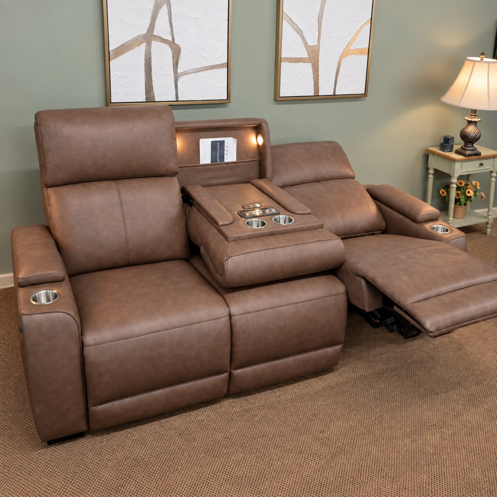 Flexsteel Brown Power Reclining Sofa with Speakers and Drop-Down Console