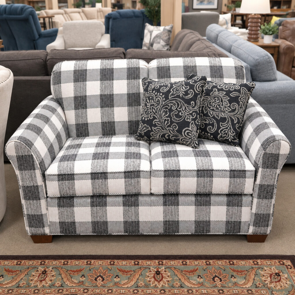 Black and white plaid Lancer loveseat with rounded arms.