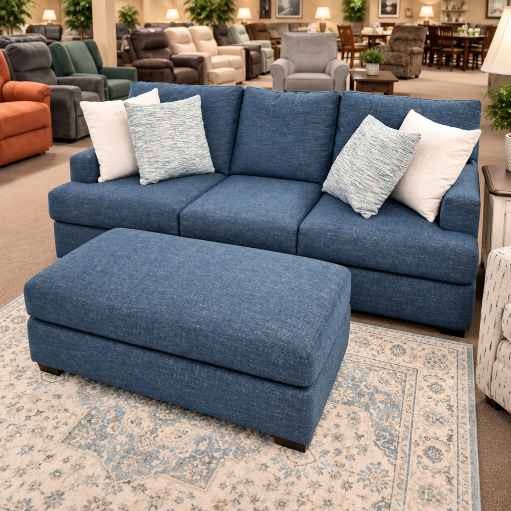Blue Stone & Leigh sofa with three seat cushions, four accent pillows, and matching ottoman.