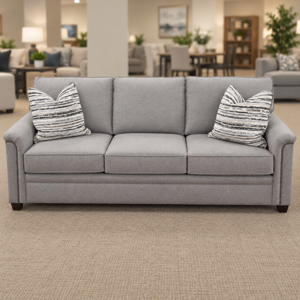 Gray Stone & Leigh stationary sofa with nailhead trim and patterned accent pillows