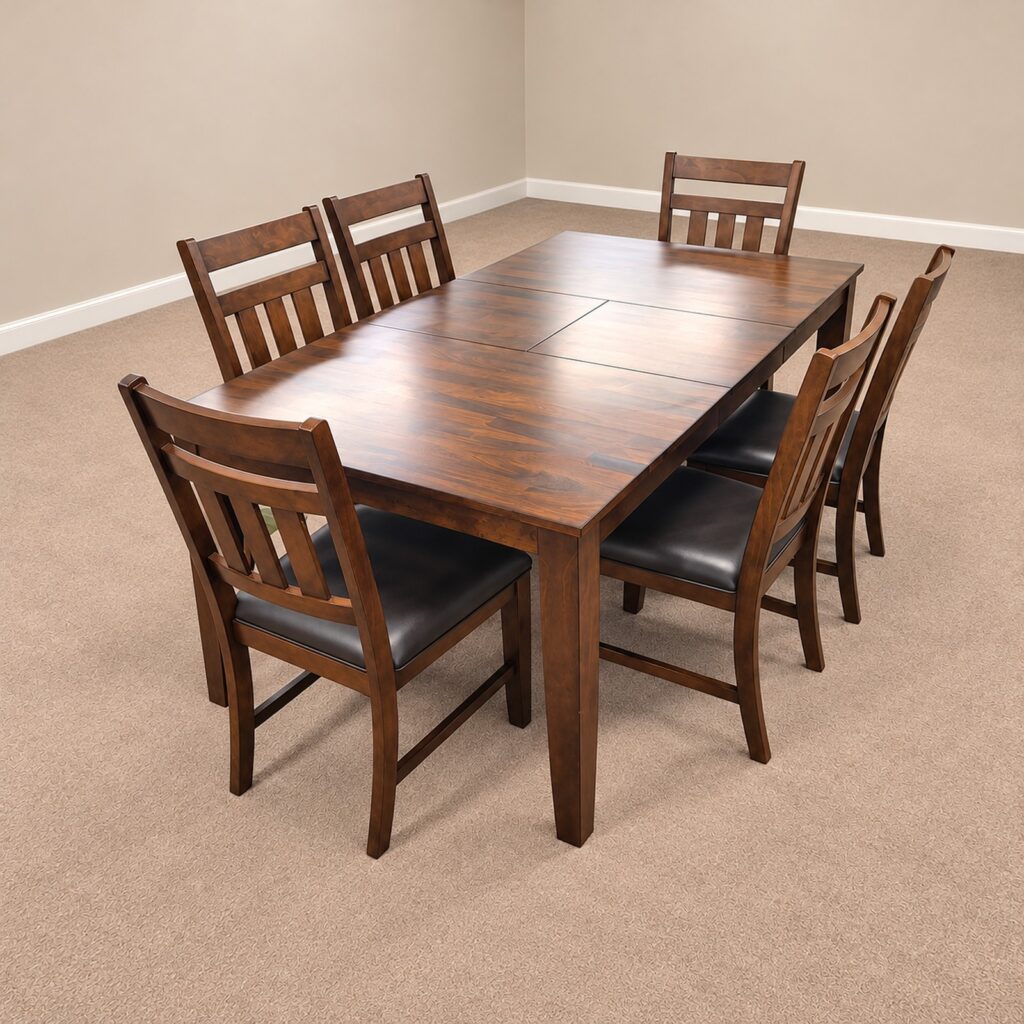 A-America mango wood butterfly-leaf dining table with six slatback chairs