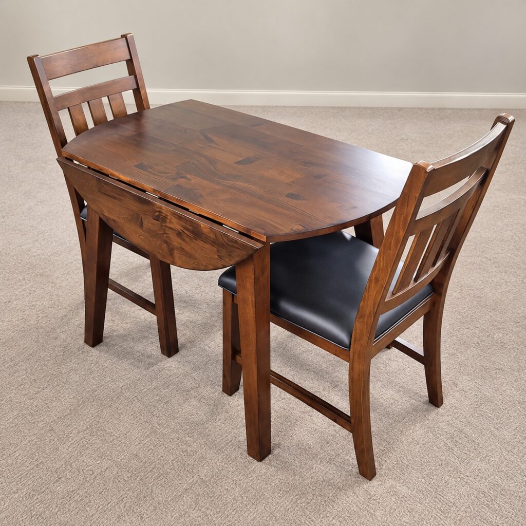 A-America round mango wood drop-leaf table with two slatback chairs