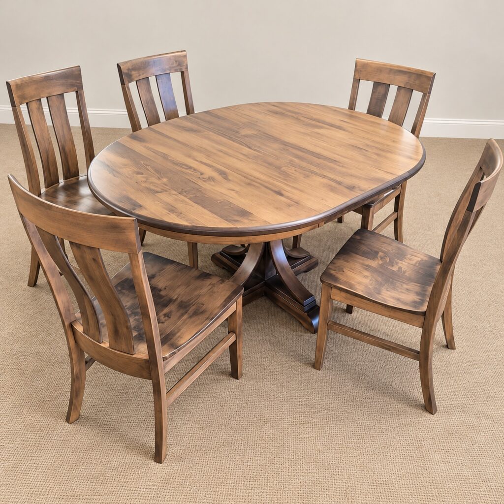 Karston round brown maple dining table shown with Paris chairs