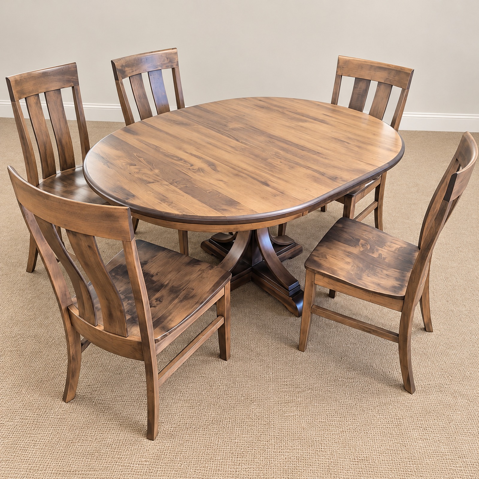 Karston round brown maple dining table shown with Paris chairs