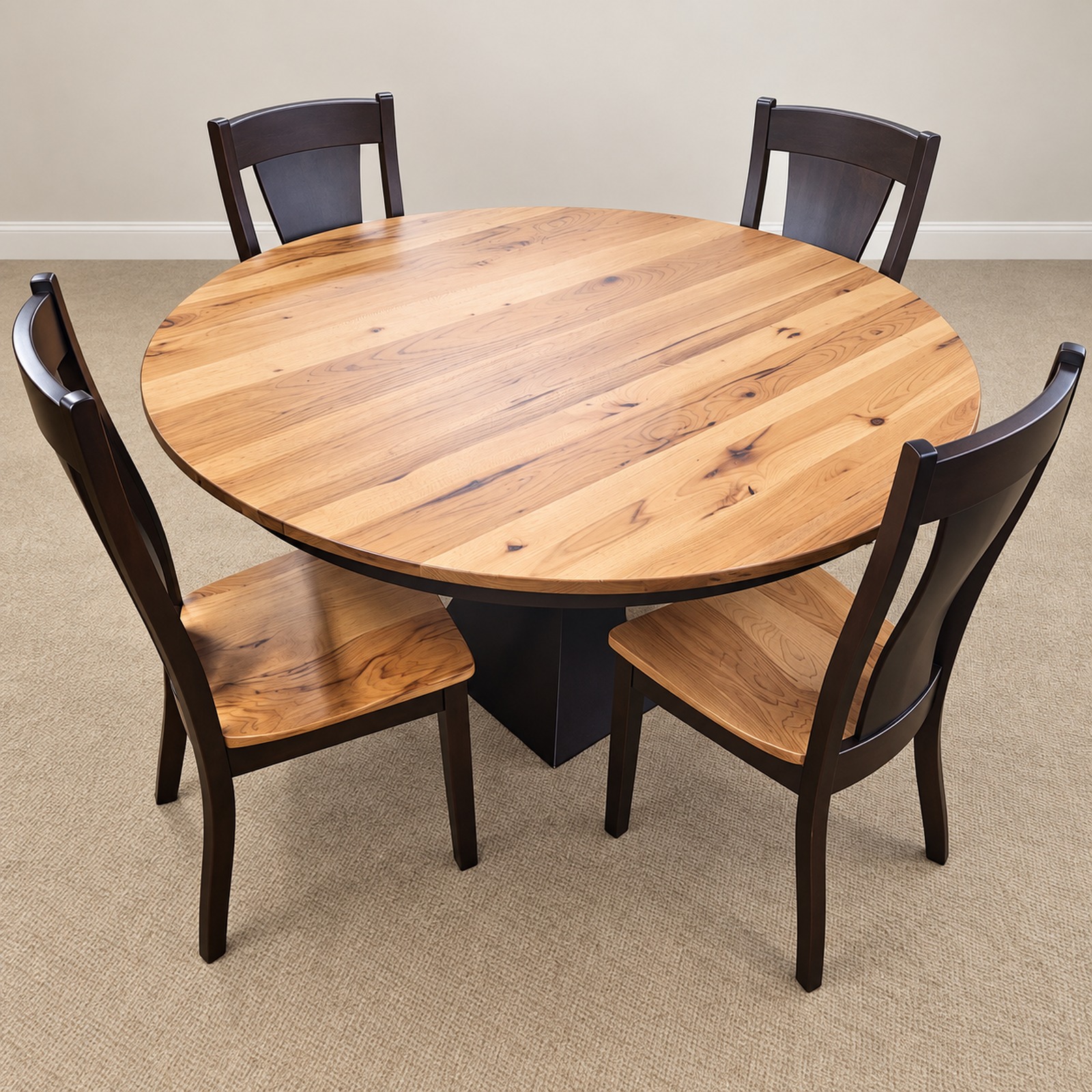 Dining Solutions round rustic hickory dining table with painted brown maple base and four Ashville chairs