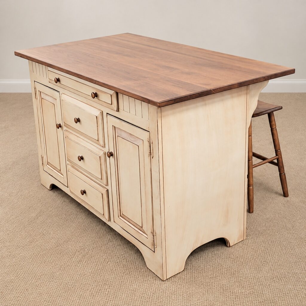 Fighting Creek cream kitchen island with maple-finished top and one saddle stool shown
