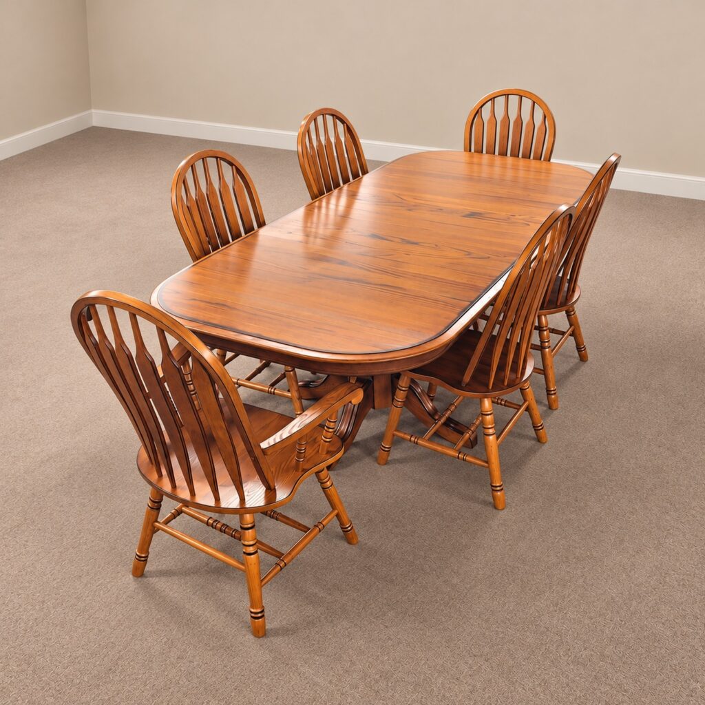 TEI 6632T Burnt Walnut dining table with two arm chairs and four side chairs